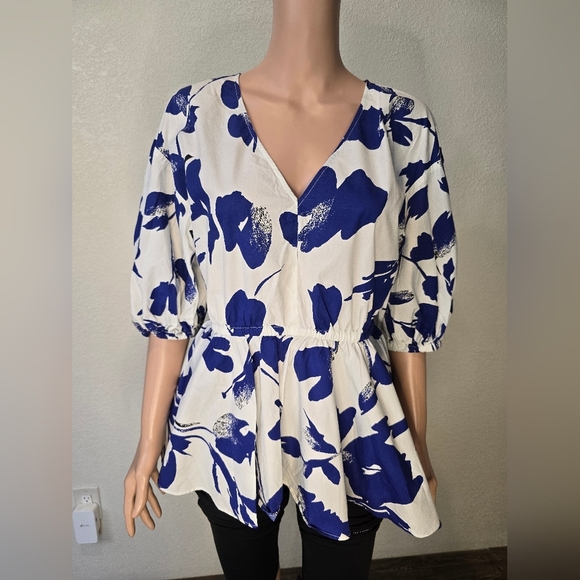 Jason Wu White/ Blue  Puff Sleeve Peplum Top Size 8 V-Neck - Picture 2 of 11